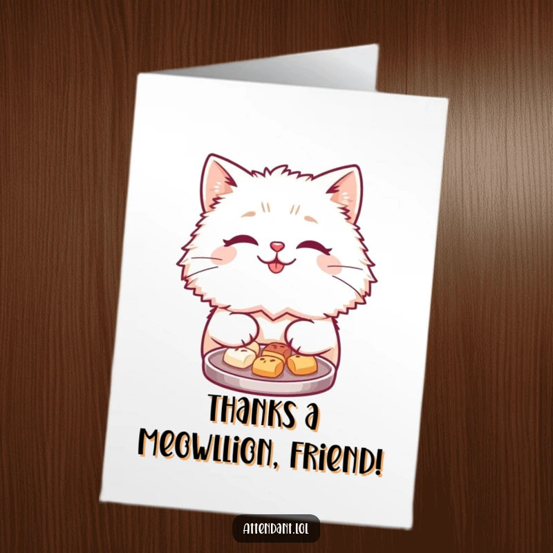 Funny Free Printable Thank You Card: Cute fluffy cat with smile offers tasty treats, a heartwarming DIY gift.