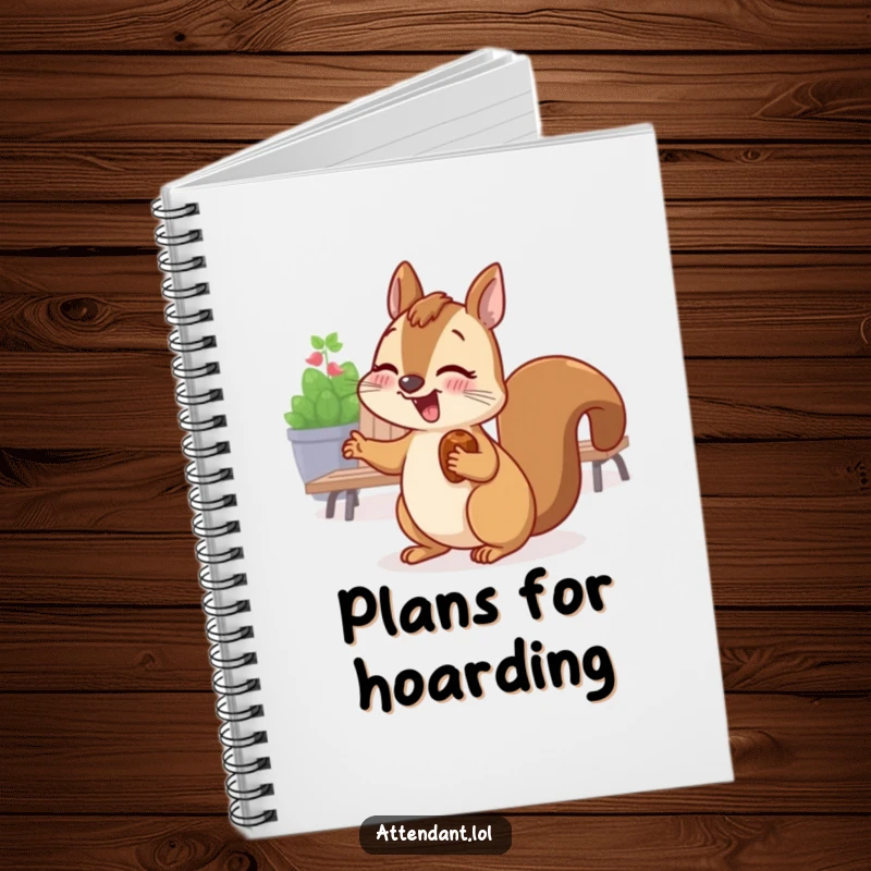 Funny notebook with a giggling squirrel with a nut in its cheek, gesturing towards a seating area.