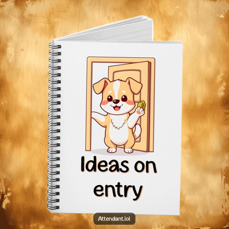 Funny notebook with a playful dog holding its paw on an open door, tail wagging.