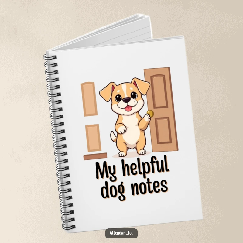 Funny Dog Notebook: A bouncy dog with floppy ears holds a door open, perfect for writing funny notes and ideas.