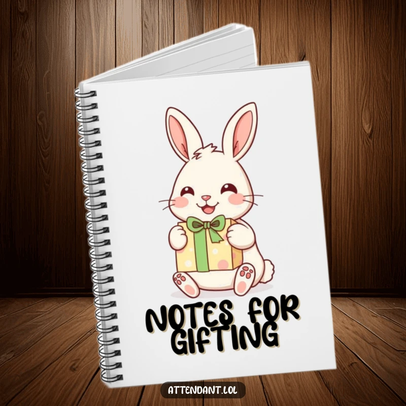Funny notebook with a cheerful rabbit holding its ears up, presenting a beautifully wrapped gift.