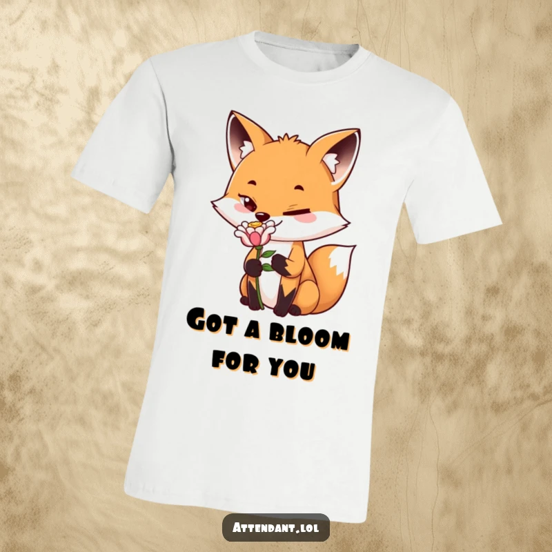 Funny Fox T-Shirt: A sly and playful fox presents a single perfect flower with a knowing grin, a humorous wearable.