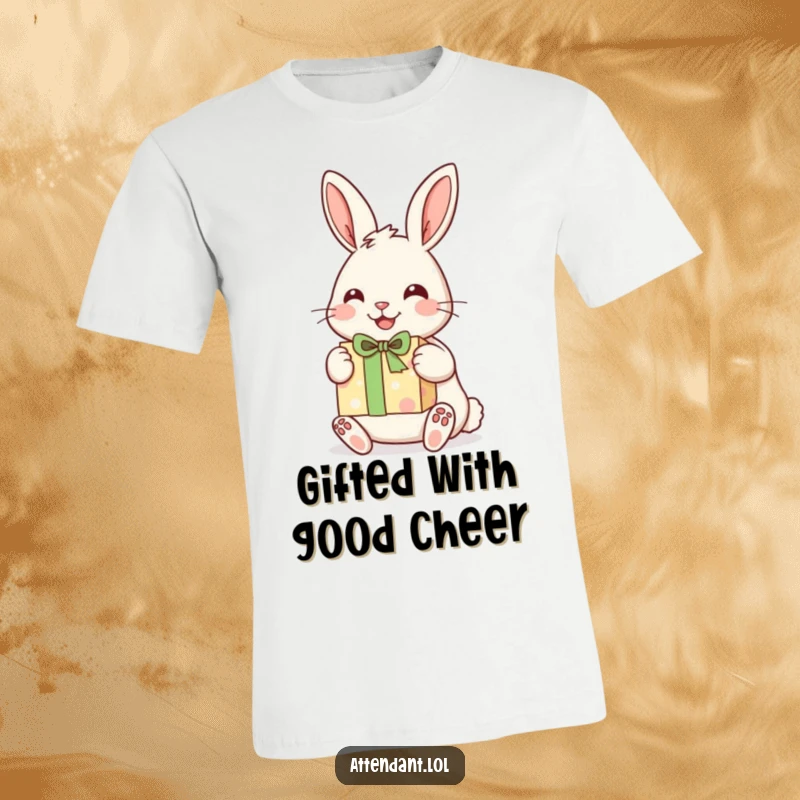 Funny t-shirt featuring a cheerful rabbit with perked ears, happily presenting a nicely wrapped gift.