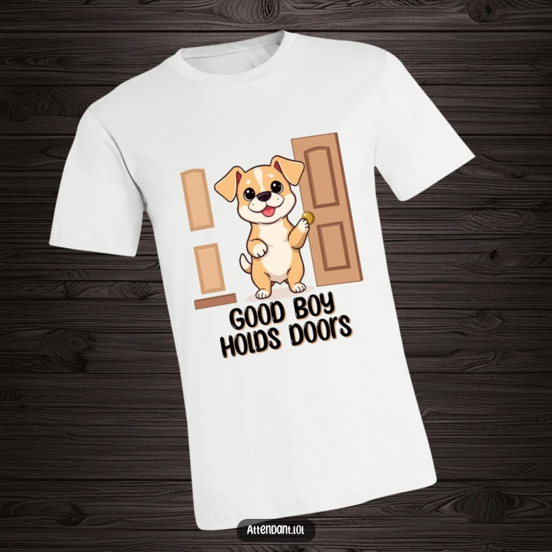 Funny Dog T-Shirt: A happy, bouncy dog with floppy ears holds a door open with politeness, a humorous design for dog enthusiasts.