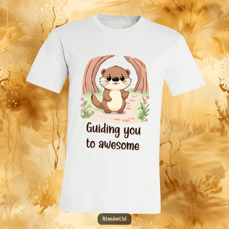 Funny t-shirt showing a happy otter with bright eyes, politely leading someone along a path.
