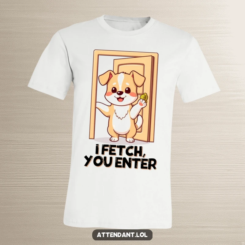 Funny t-shirt showing a playful dog with a wagging tail, holding a door ajar with its paw.