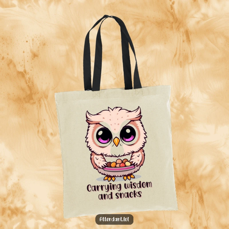 Funny Owl Tote Bag: A fluffy owl with curious eyes generously presents a tray of tiny snacks, a functional and humorous accessory.