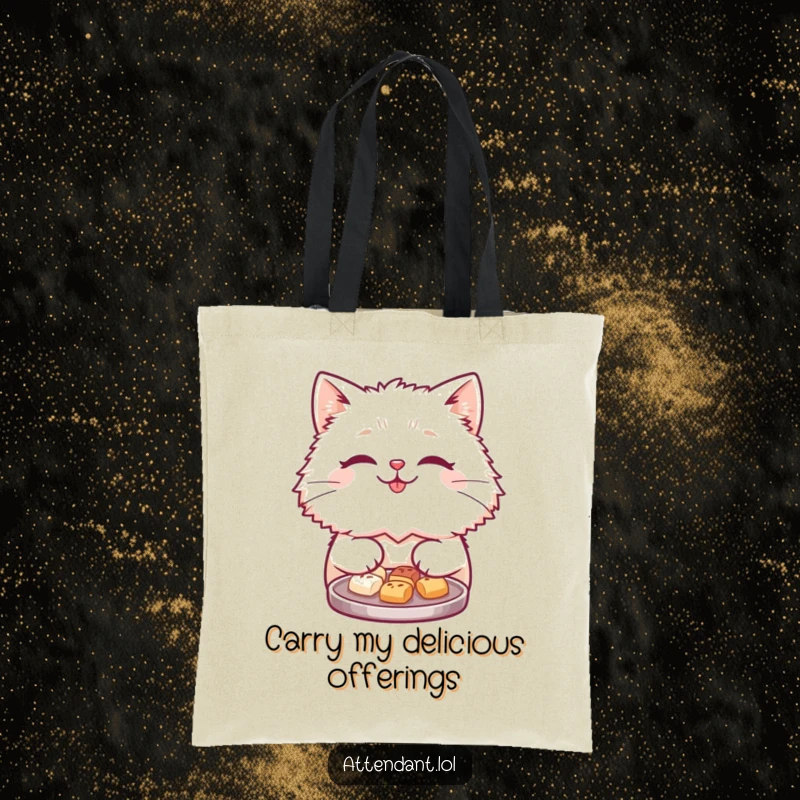 Funny tote bag designed with a cute, fluffy cat offering a delightful tray of tiny treats with a warm, inviting smile.