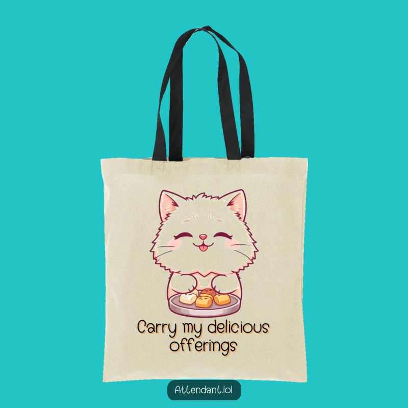 Funny Cat Tote Bag: Cute Fluffy Kitty Serving Treats, Stylish & Humorous, Ideal Funny Gift