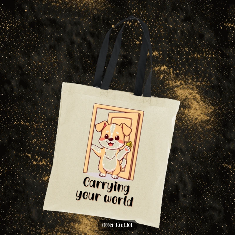 Funny tote bag designed with a playful dog holding a door open with its paw, tail wagging happily.
