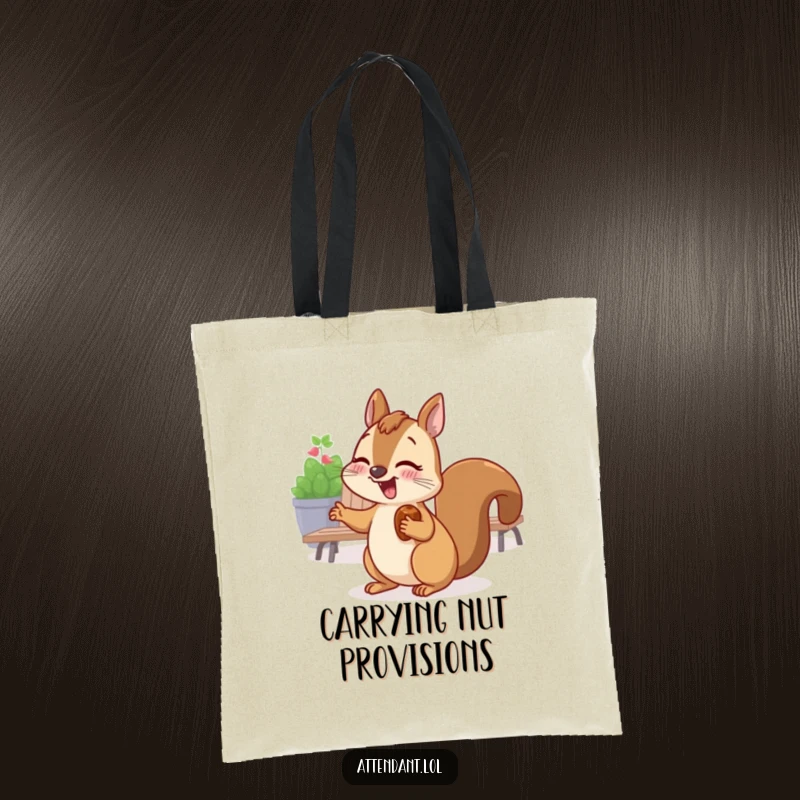 Funny tote bag designed with a giggling squirrel with a nut in its cheek, gesturing towards a seating area.